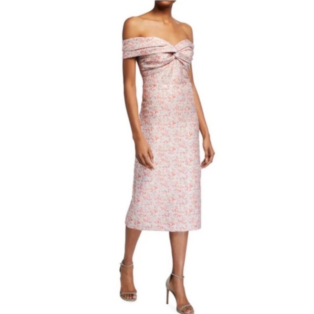 Shoshana Midnight Coral/Silver Off the shoulder jacquard midi